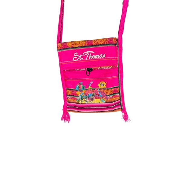 St. Thomas Pink Woven Crossbody Bag Embroidered Fish Design & Fringe Accents - Picture 5 of 9